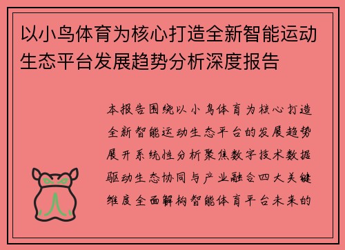 以小鸟体育为核心打造全新智能运动生态平台发展趋势分析深度报告