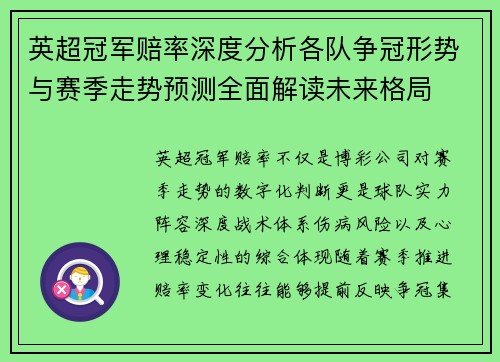 英超冠军赔率深度分析各队争冠形势与赛季走势预测全面解读未来格局