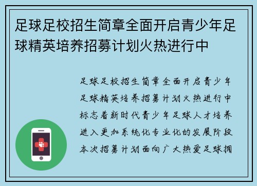 足球足校招生简章全面开启青少年足球精英培养招募计划火热进行中